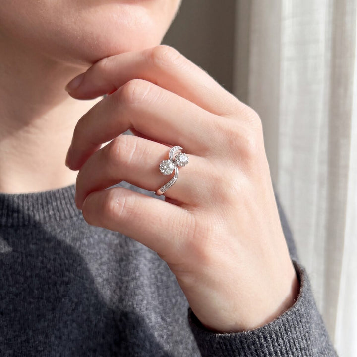 18ct Gold and Platinum Old Cut Diamond Toi et Moi Crossover Ring, 1.02ct
