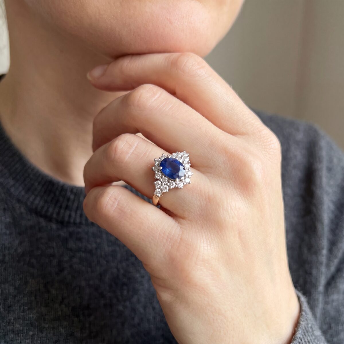 Vintage 18ct Yellow Gold Oval 0.75ct Sapphire and 0.90ct Diamond Cluster Ring