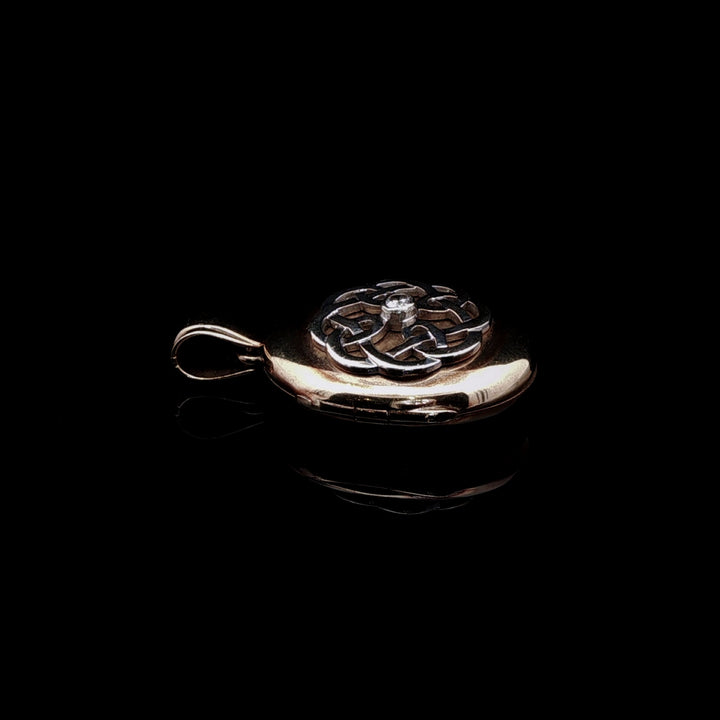 Vintage 9ct Yellow and White Gold Diamond Celtic Knot Engraved Oval Locket