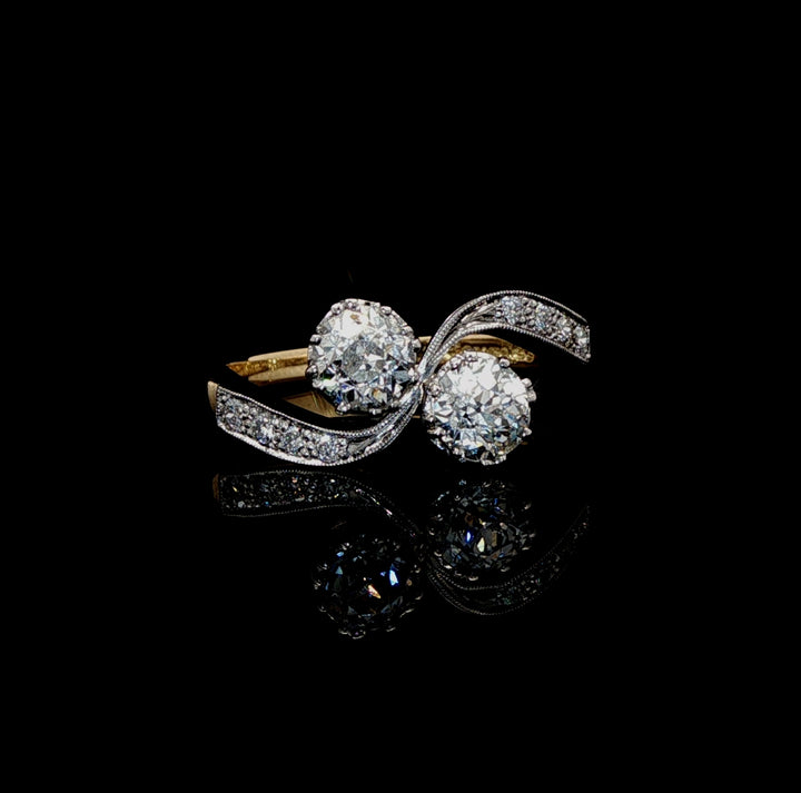 18ct Gold and Platinum Old Cut 1.29ct Diamond Two Stone Twist Ring