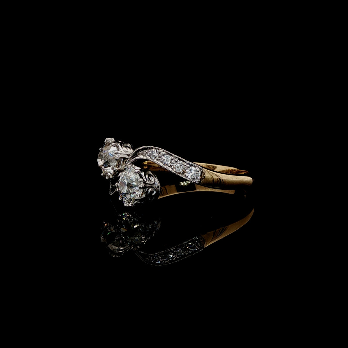 18ct Gold and Platinum Old Cut 1.29ct Diamond Two Stone Twist Ring
