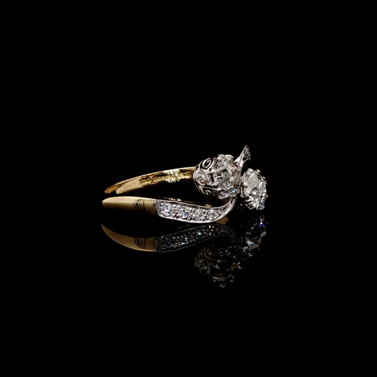 18ct Gold and Platinum Old Cut 1.29ct Diamond Two Stone Twist Ring