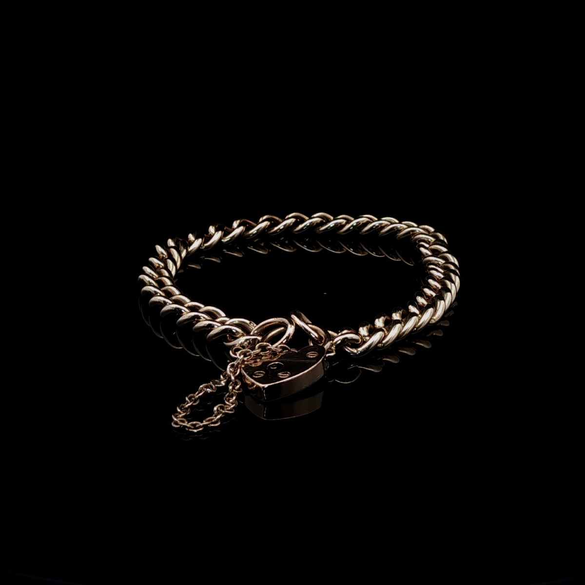 Vintage 9ct Yellow Gold Curb Link Bracelet with Heart Padlock, 16.9g