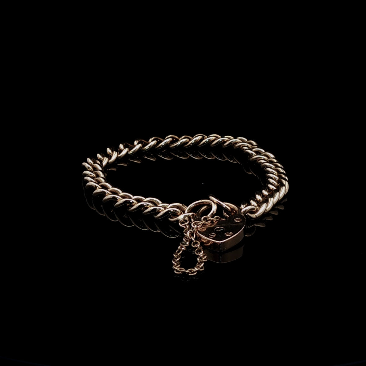 Vintage 9ct Yellow Gold Curb Link Bracelet with Heart Padlock, 16.9g
