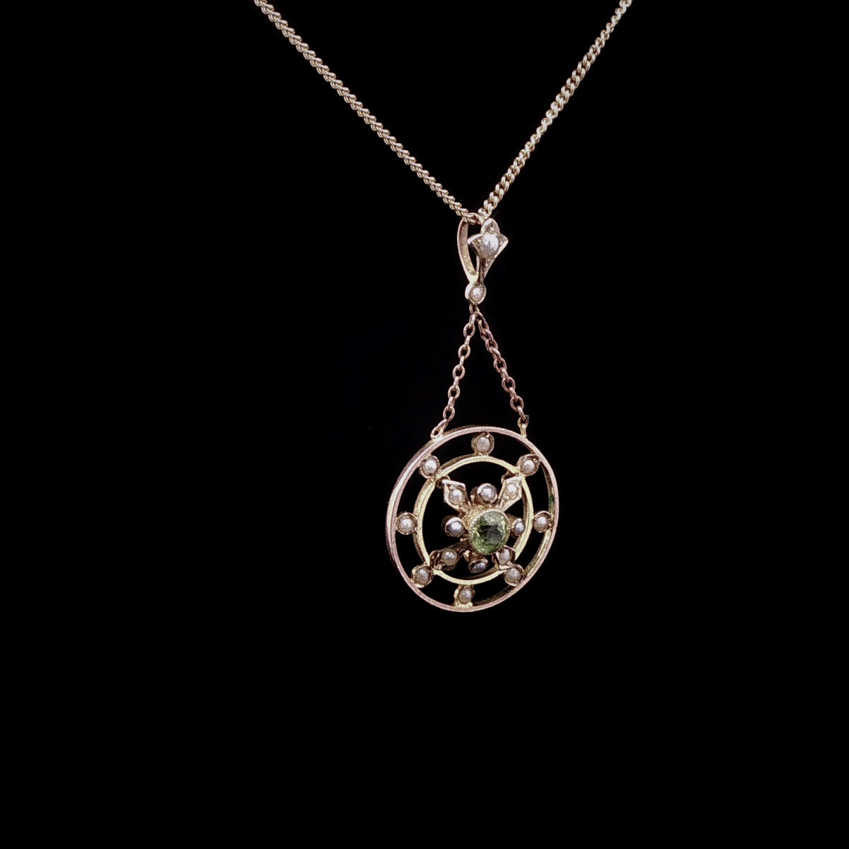 Vintage 9ct Yellow Gold Peridot and Pearl Round Pendant