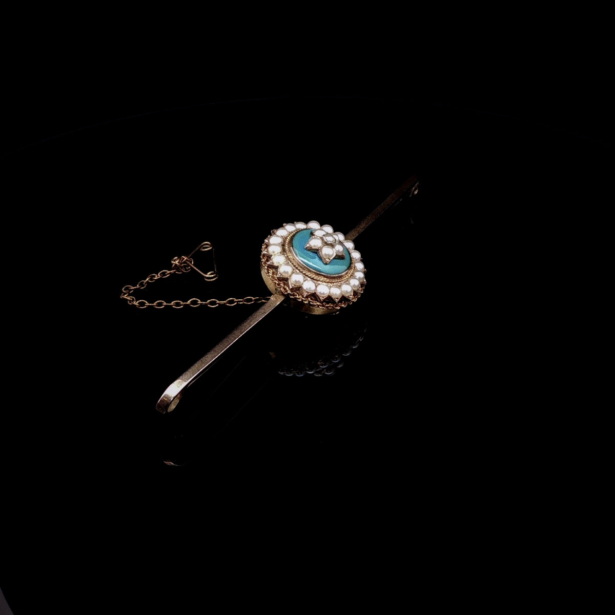 Antique 15ct Yellow Gold Blue Enamel and Pearl Bar Brooch
