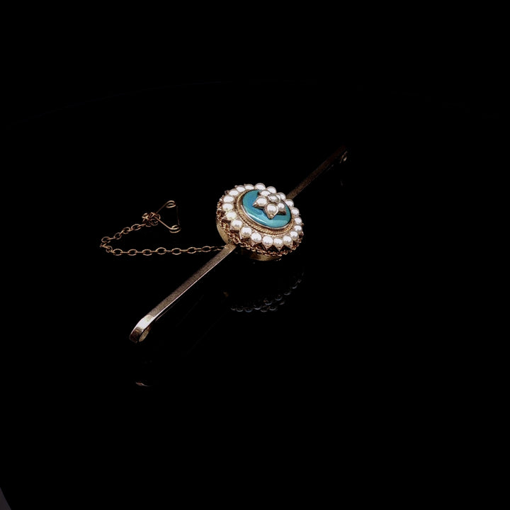 Antique 15ct Yellow Gold Blue Enamel and Pearl Bar Brooch