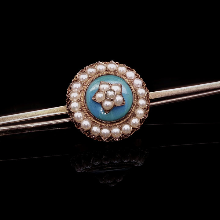 Antique 15ct Yellow Gold Blue Enamel and Pearl Bar Brooch