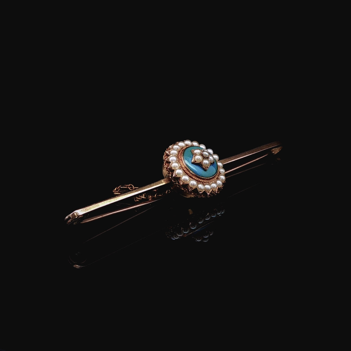 Antique 15ct Yellow Gold Blue Enamel and Pearl Bar Brooch