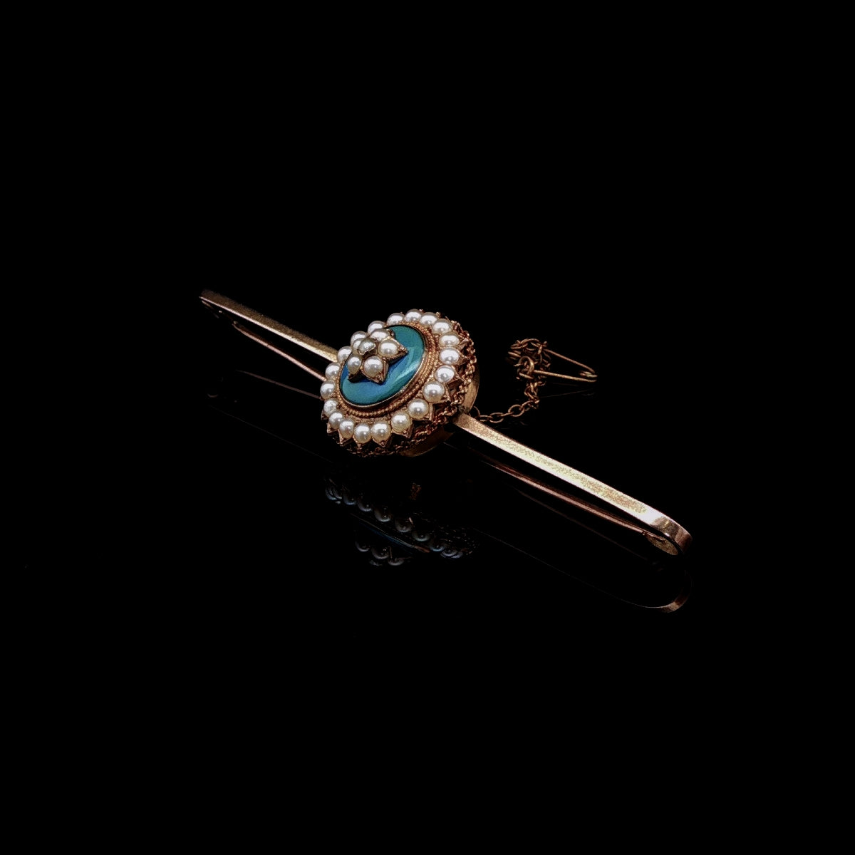 Antique 15ct Yellow Gold Blue Enamel and Pearl Bar Brooch