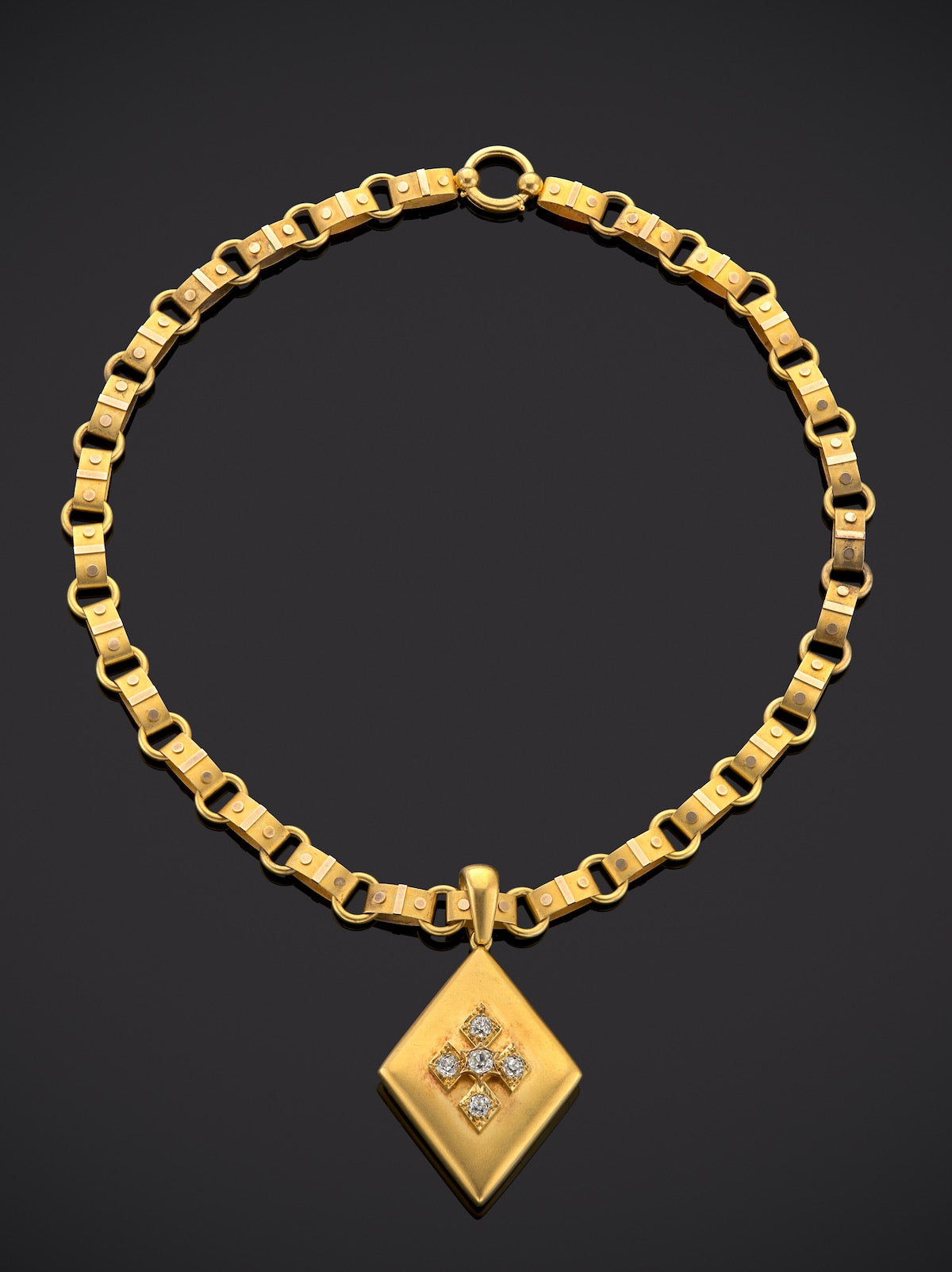 Antique Victorian Fine Gold 1.05ct Diamond Pendant Necklace, Circa 1875