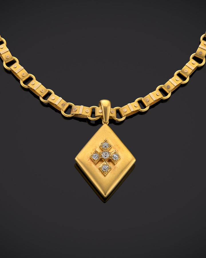 Antique Victorian Fine Gold 1.05ct Diamond Pendant Necklace, Circa 1875