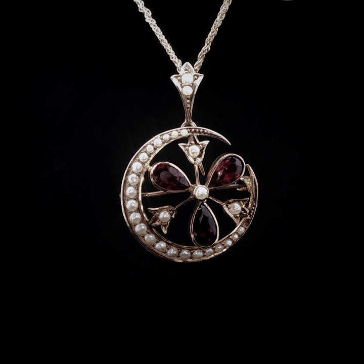 Vintage 9ct Yellow Gold Garnet and Pearl Crescent Moon Pendant / Brooch