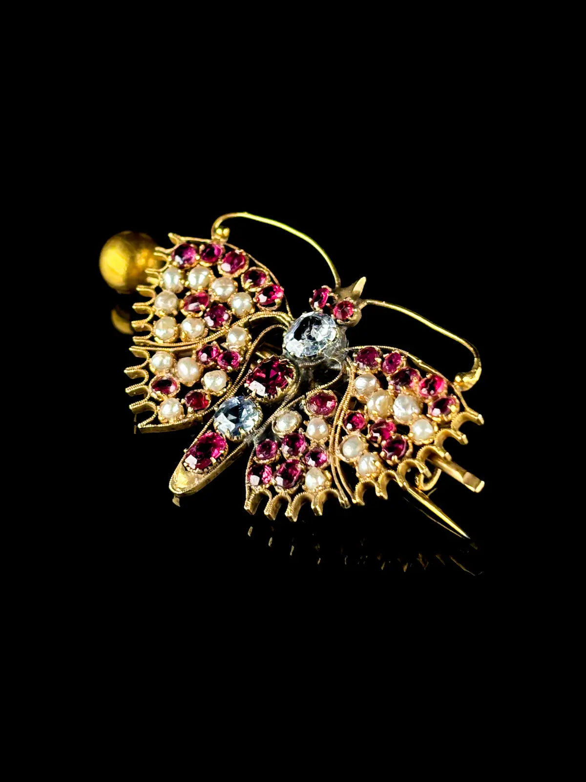 18ct Yellow Gold Ruby Pearl and Aquamarine Butterfly Brooch