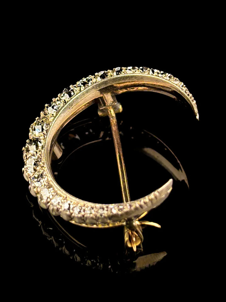 9ct Yellow Gold and Silver 1.25ct Diamond Moon Brooch, Circa 1870