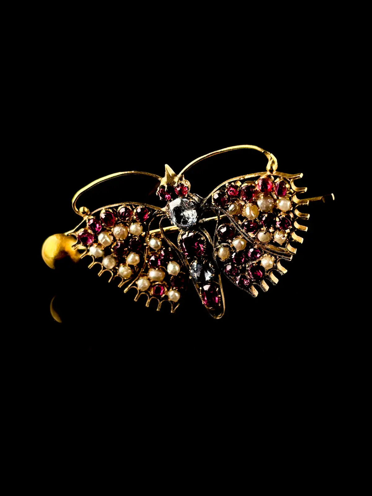 18ct Yellow Gold Ruby Pearl and Aquamarine Butterfly Brooch