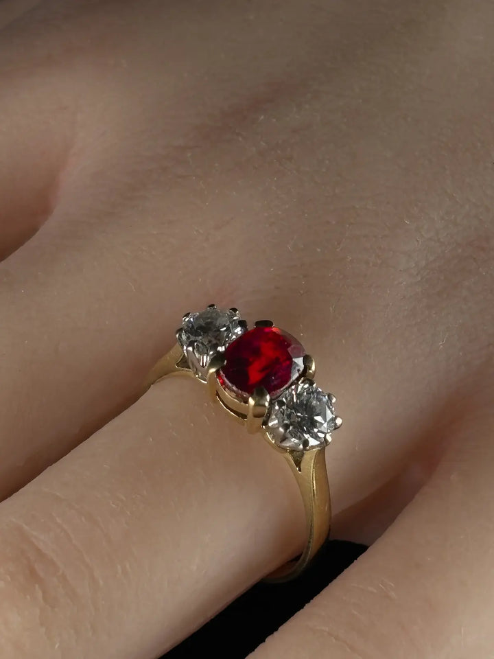18ct Yellow Gold Ruby and Diamond Three Stone Ring