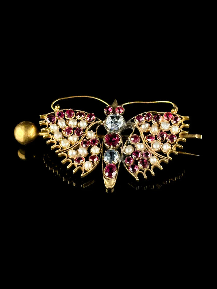 18ct Yellow Gold Ruby Pearl and Aquamarine Butterfly Brooch