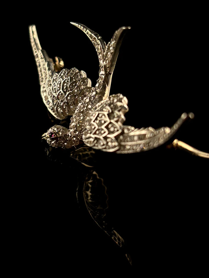 18ct Yellow Gold and Silver Diamond and Ruby Bird Brooch