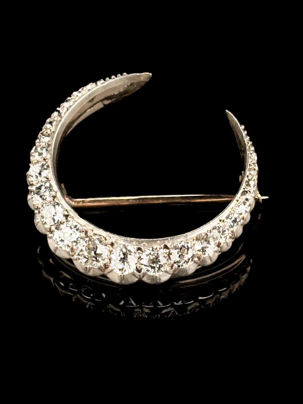 9ct Yellow Gold and Silver 1.25ct Diamond Moon Brooch, Circa 1870