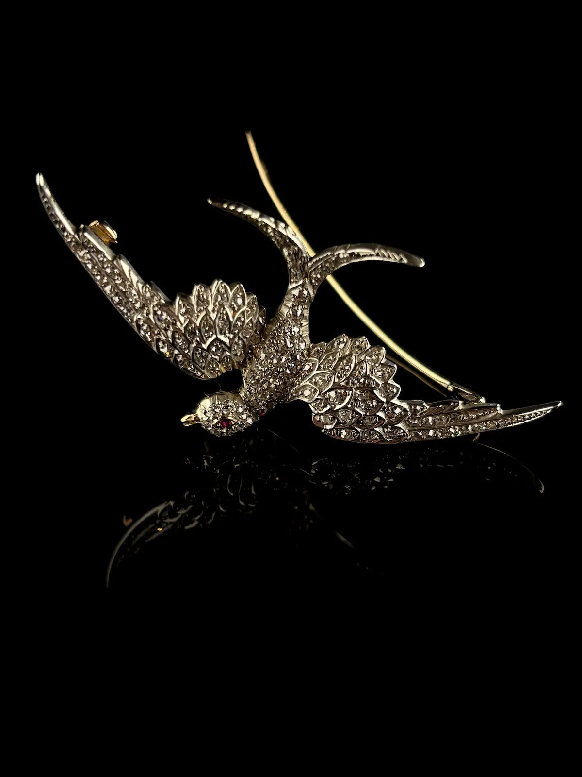 18ct Yellow Gold and Silver Diamond and Ruby Bird Brooch