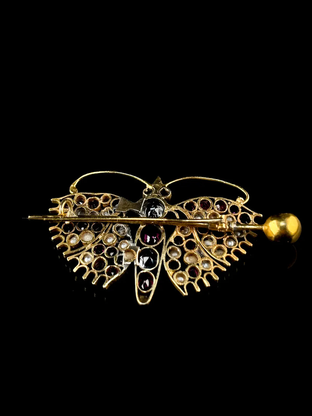 18ct Yellow Gold Ruby Pearl and Aquamarine Butterfly Brooch