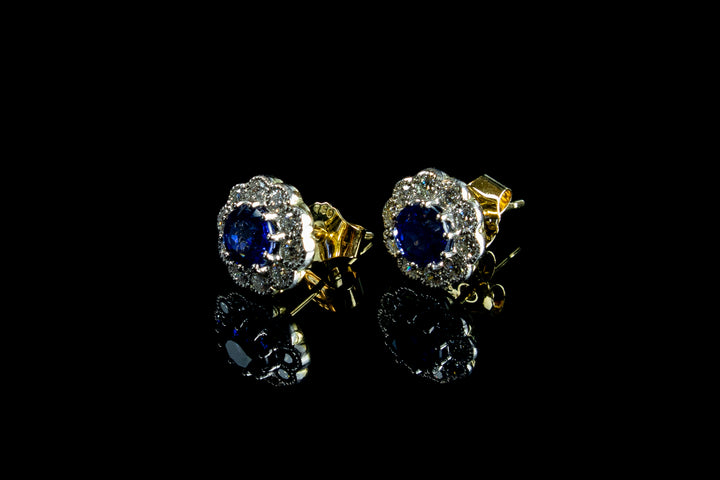 18ct Gold 1.50ct Sapphire and 1.00ct Diamond Cluster Earrings Set in Platinum