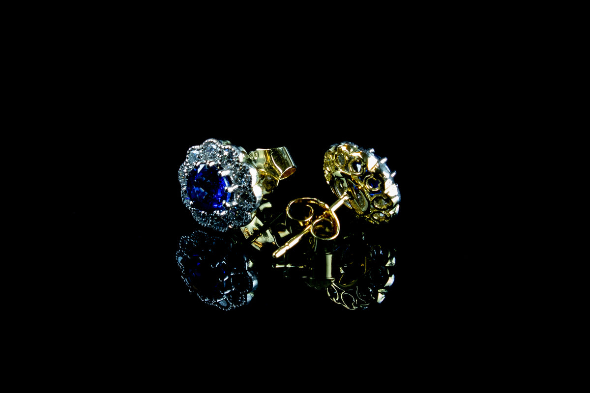 18ct Gold 1.50ct Sapphire and 1.00ct Diamond Cluster Earrings Set in Platinum
