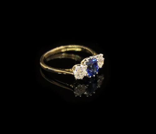 18ct Gold 1.53ct Sapphire and Old Cut Diamond Three Stone Ring