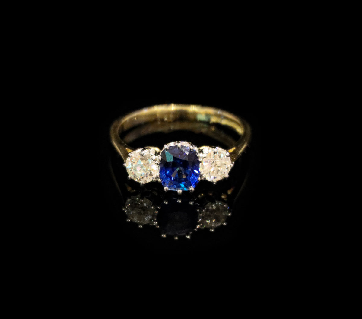 18ct Gold 1.53ct Sapphire and Old Cut Diamond Three Stone Ring