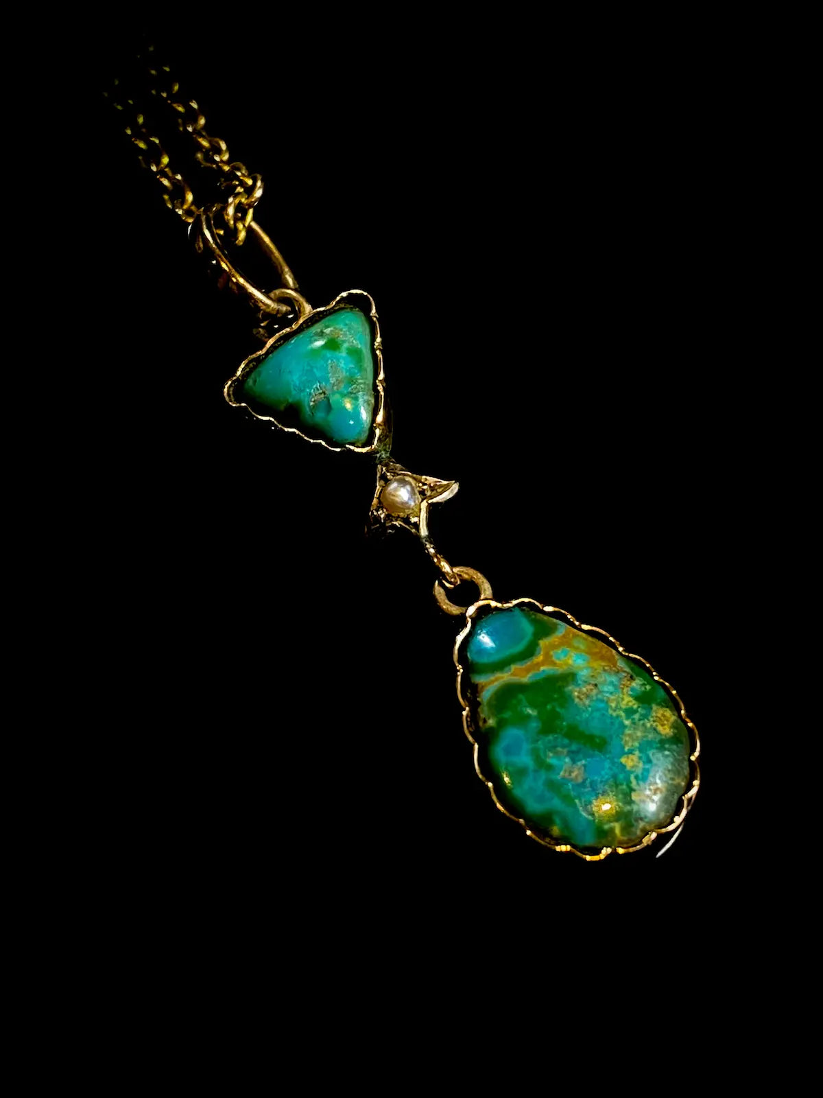 Vintage 9ct Yellow Gold Turquoise and Pearl Drop Pendant