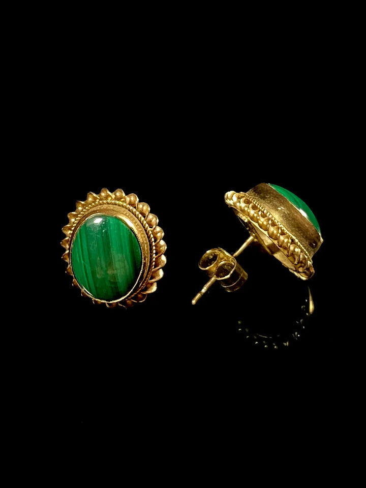 Vintage 9ct Yellow Gold Malachite Oval Stud Earrings