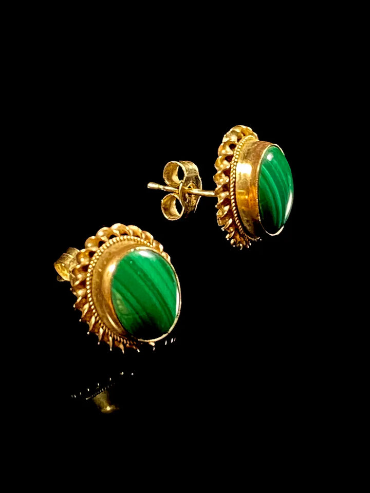 Vintage 9ct Yellow Gold Malachite Oval Stud Earrings