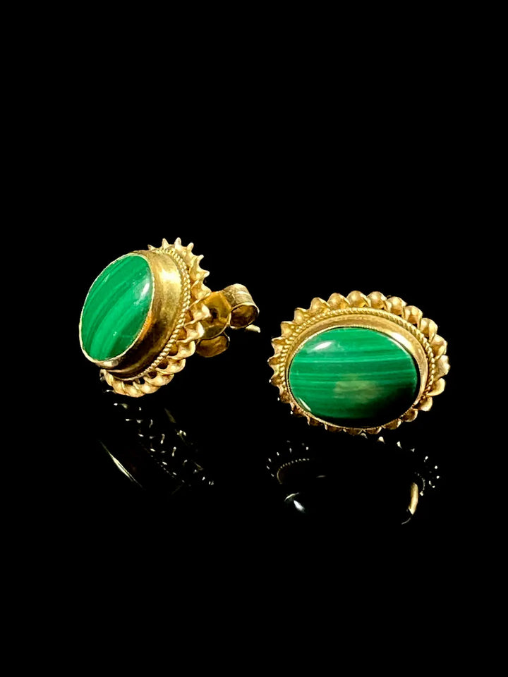 Vintage 9ct Yellow Gold Malachite Oval Stud Earrings