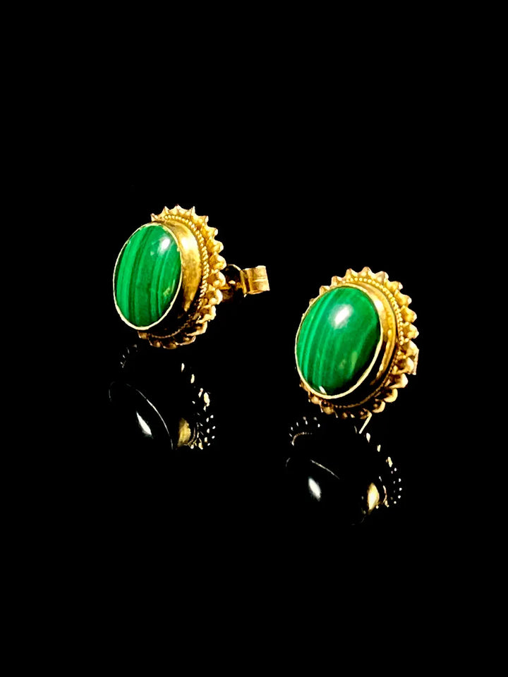 Vintage 9ct Yellow Gold Malachite Oval Stud Earrings