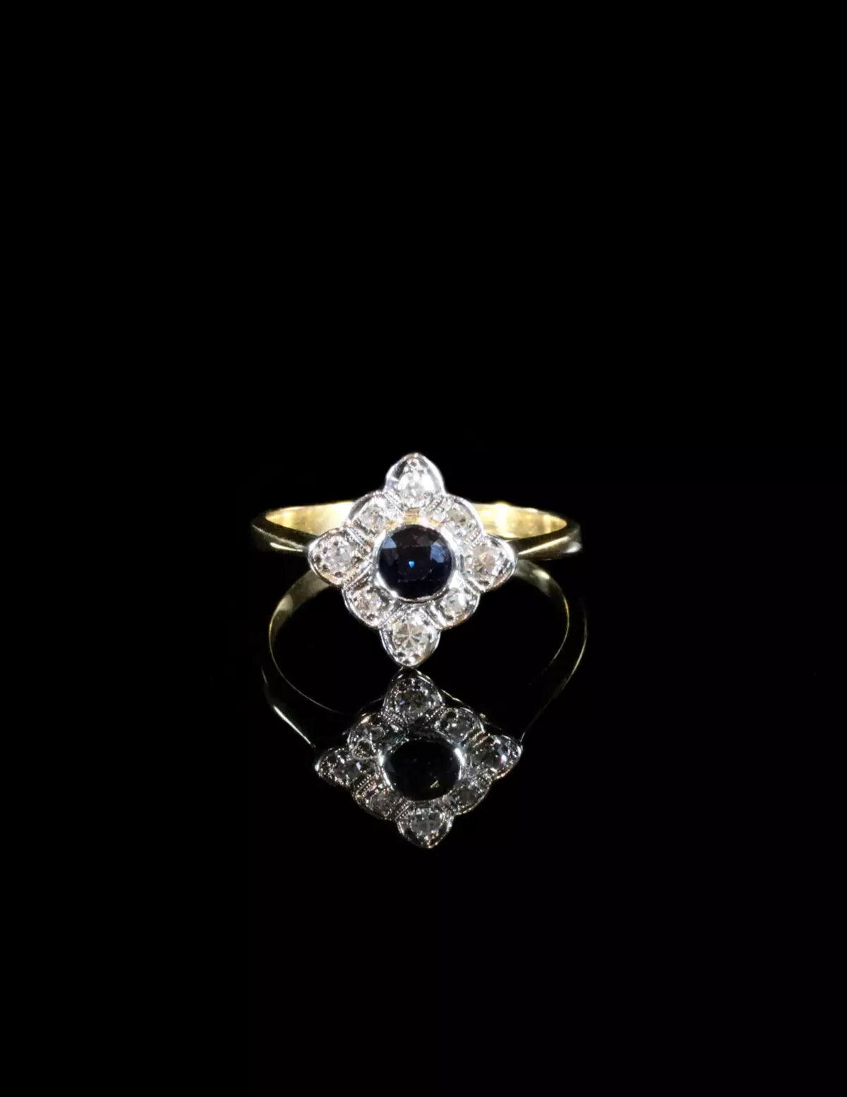 Vintage 18ct Gold Sapphire and Diamond Art Deco Style Cluster Ring