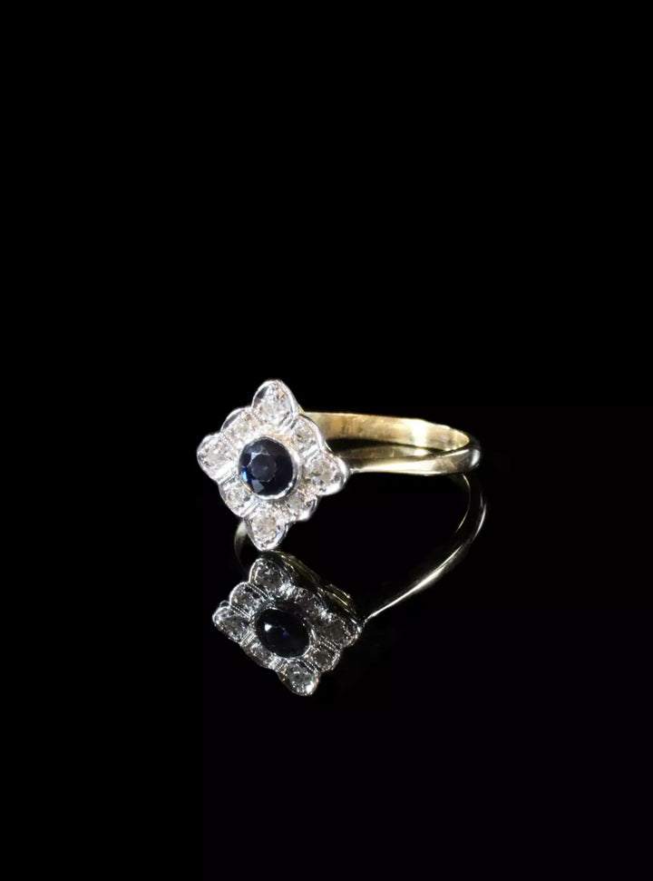 Vintage 18ct Gold Sapphire and Diamond Art Deco Style Cluster Ring