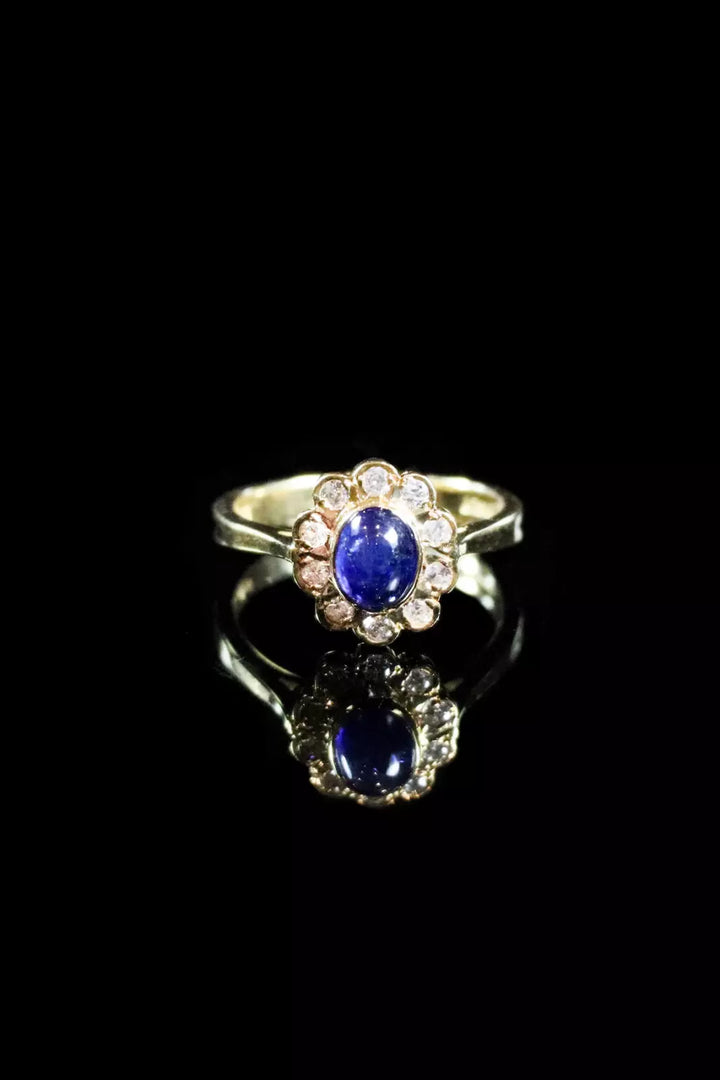 18ct Yellow Gold Cabochon Sapphire and Diamond Cluster Ring