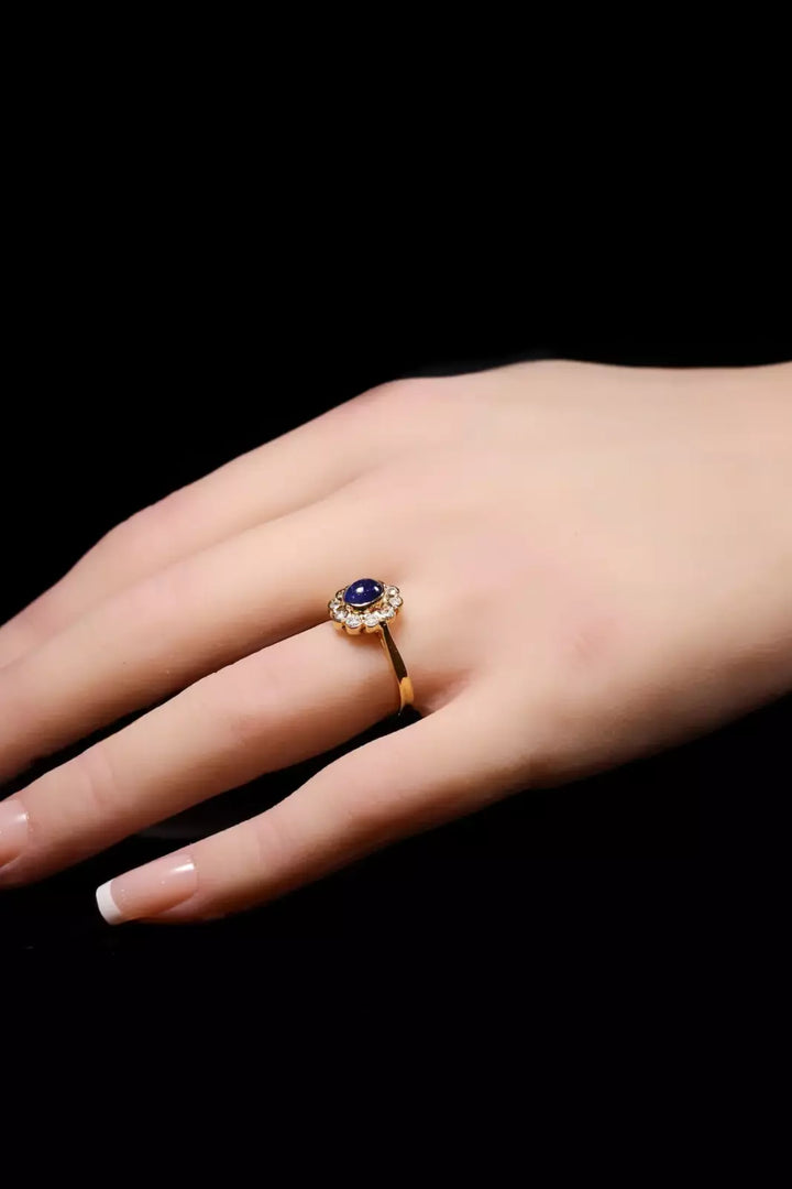 18ct Yellow Gold Cabochon Sapphire and Diamond Cluster Ring