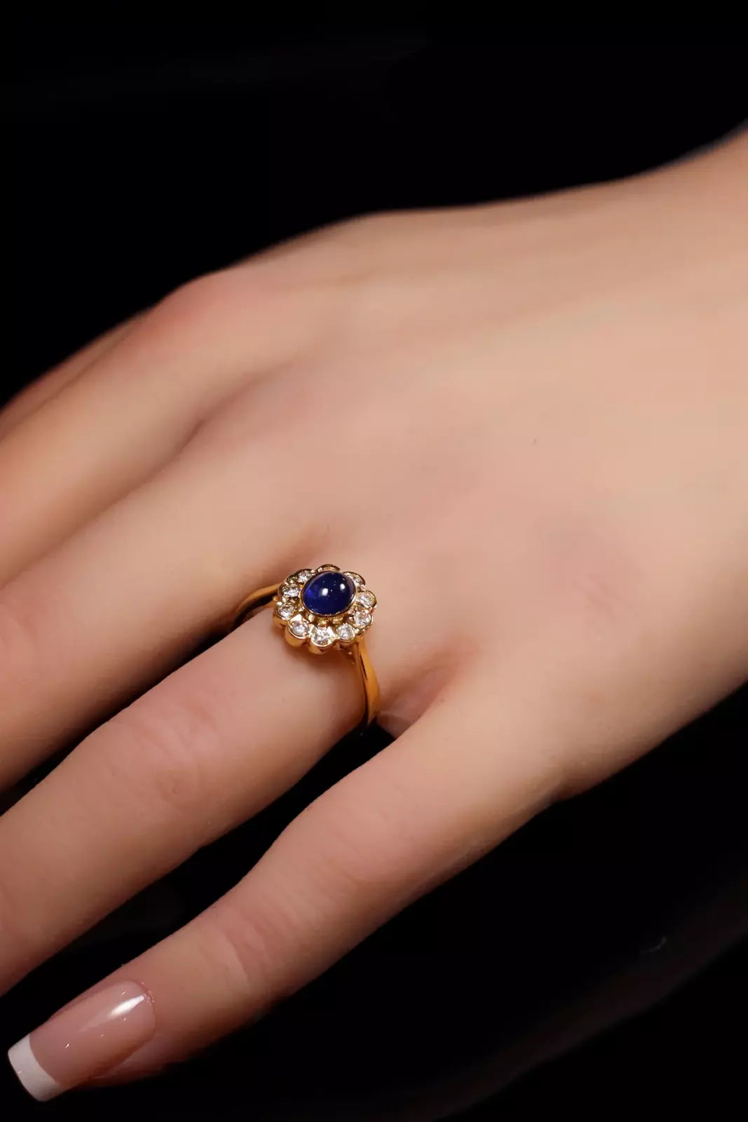 18ct Yellow Gold Cabochon Sapphire and Diamond Cluster Ring