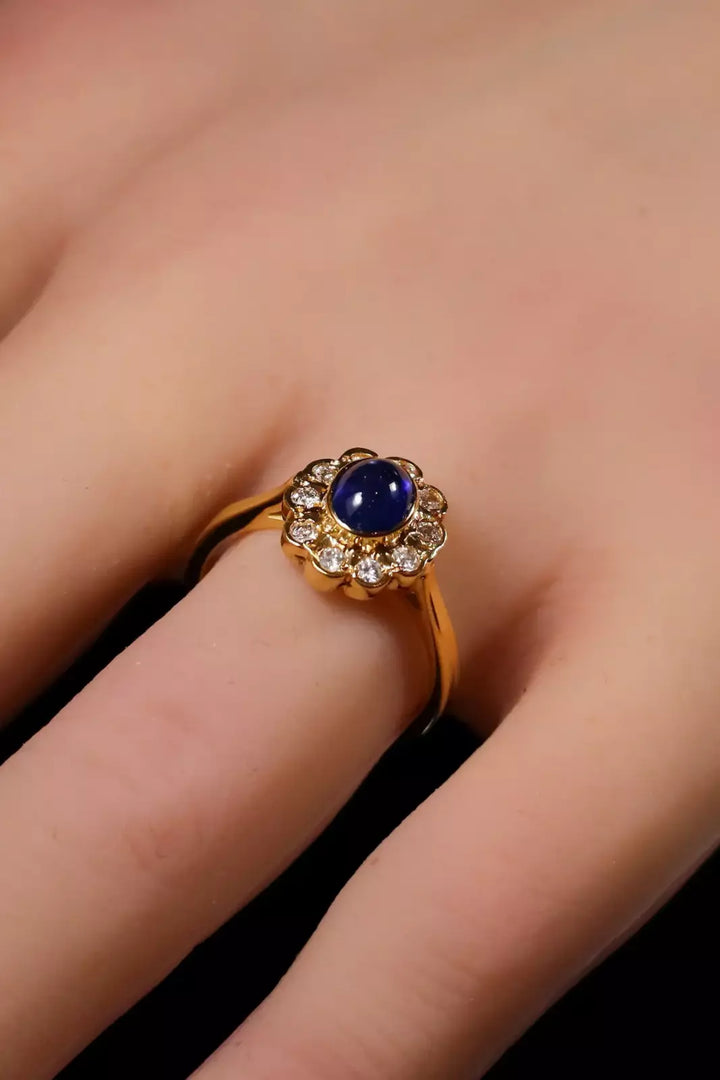 18ct Yellow Gold Cabochon Sapphire and Diamond Cluster Ring