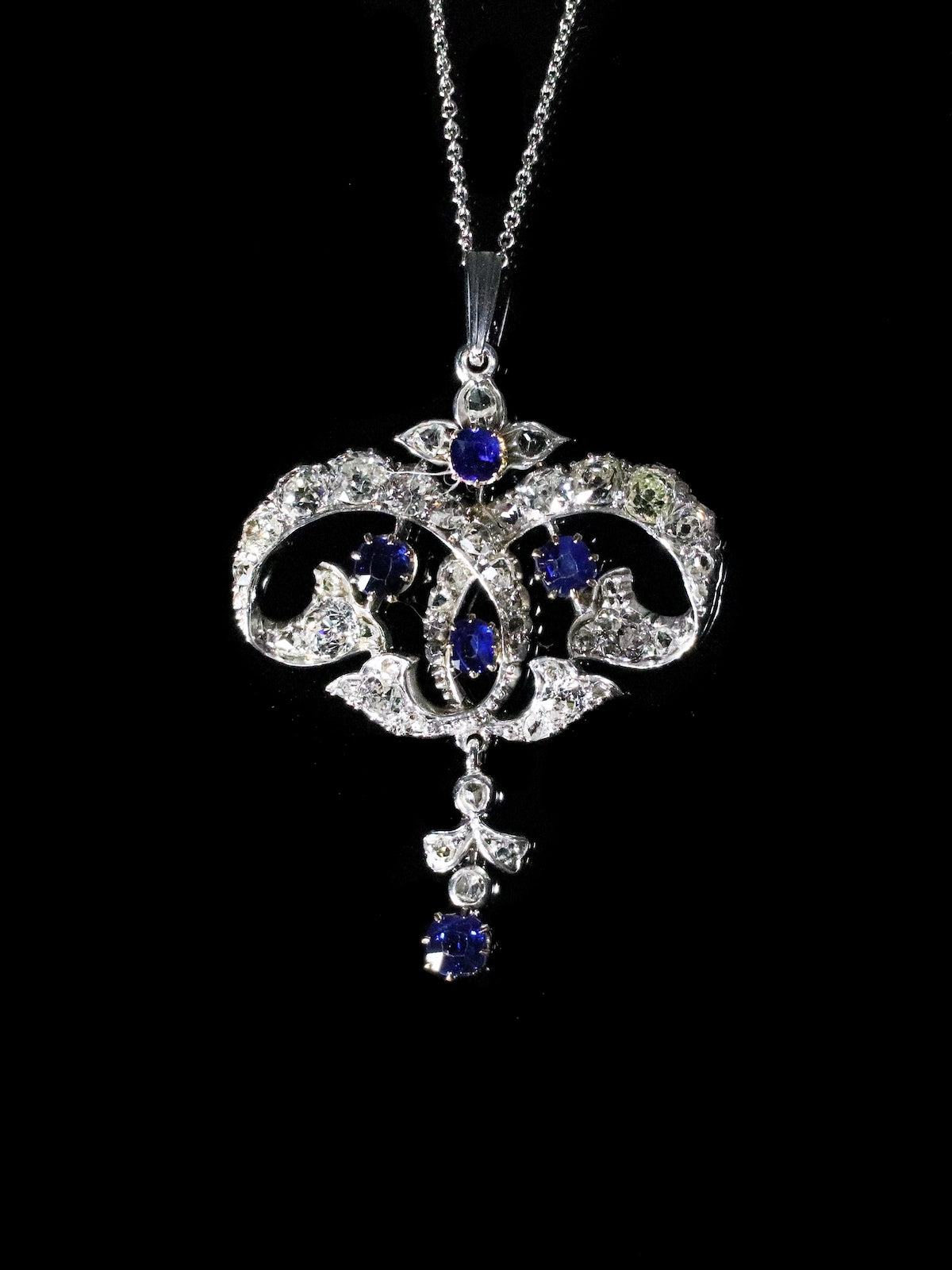 Antique 18ct White Gold Sapphire and Diamond Lavalier Pendant
