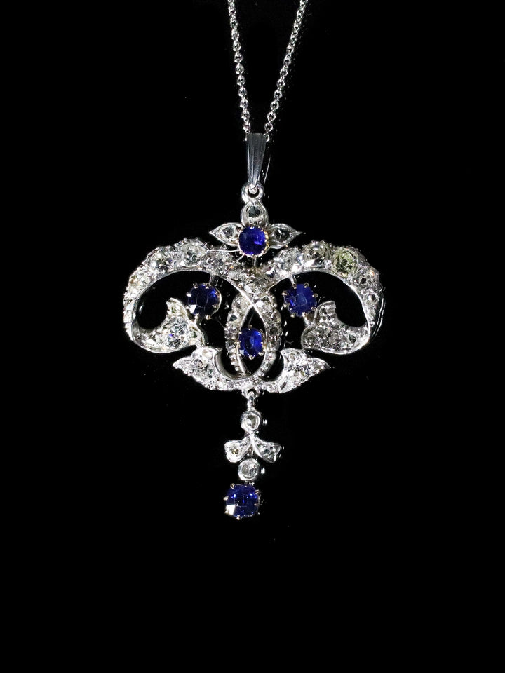 Antique 18ct White Gold Sapphire and Diamond Lavalier Pendant