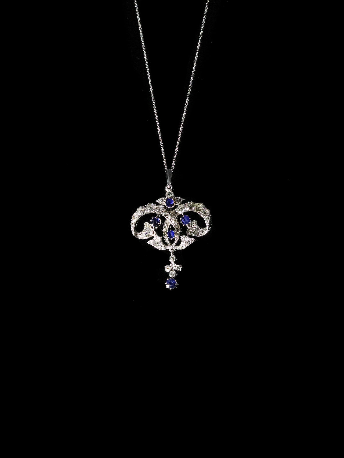 Antique 18ct White Gold Sapphire and Diamond Lavalier Pendant