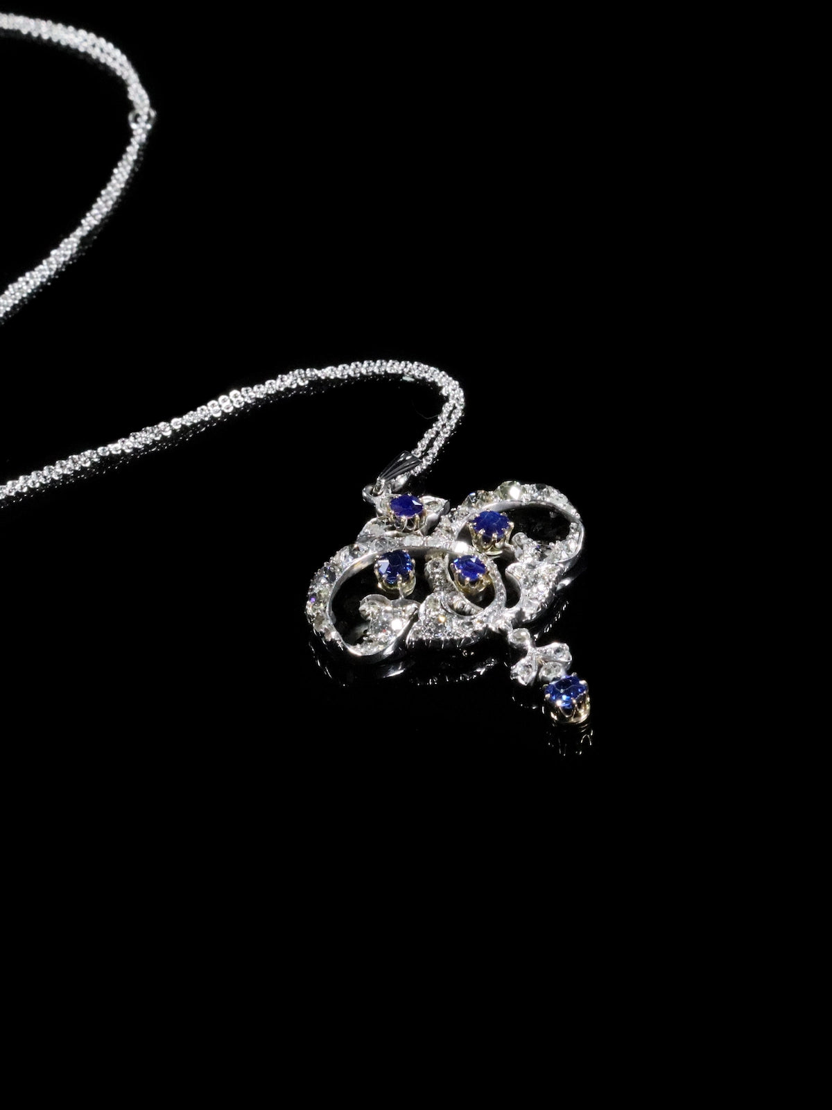 Antique 18ct White Gold Sapphire and Diamond Lavalier Pendant