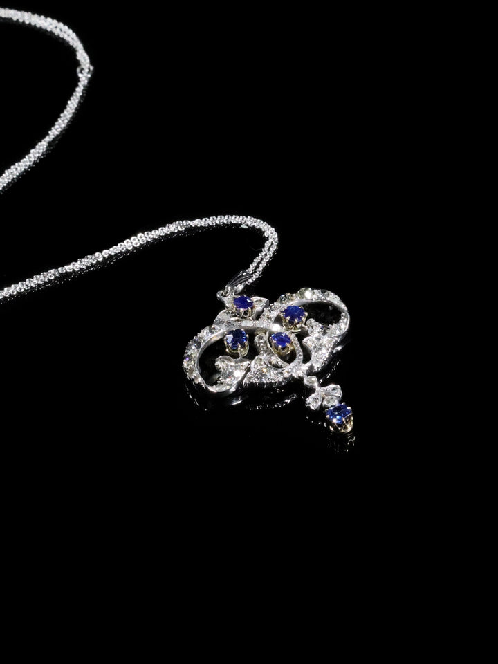 Antique 18ct White Gold Sapphire and Diamond Lavalier Pendant