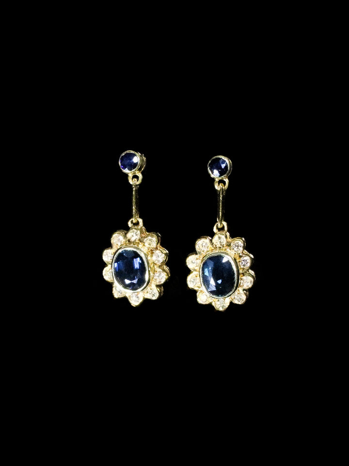18ct Yellow Gold Sapphire and Diamond Cluster Drop Earrings