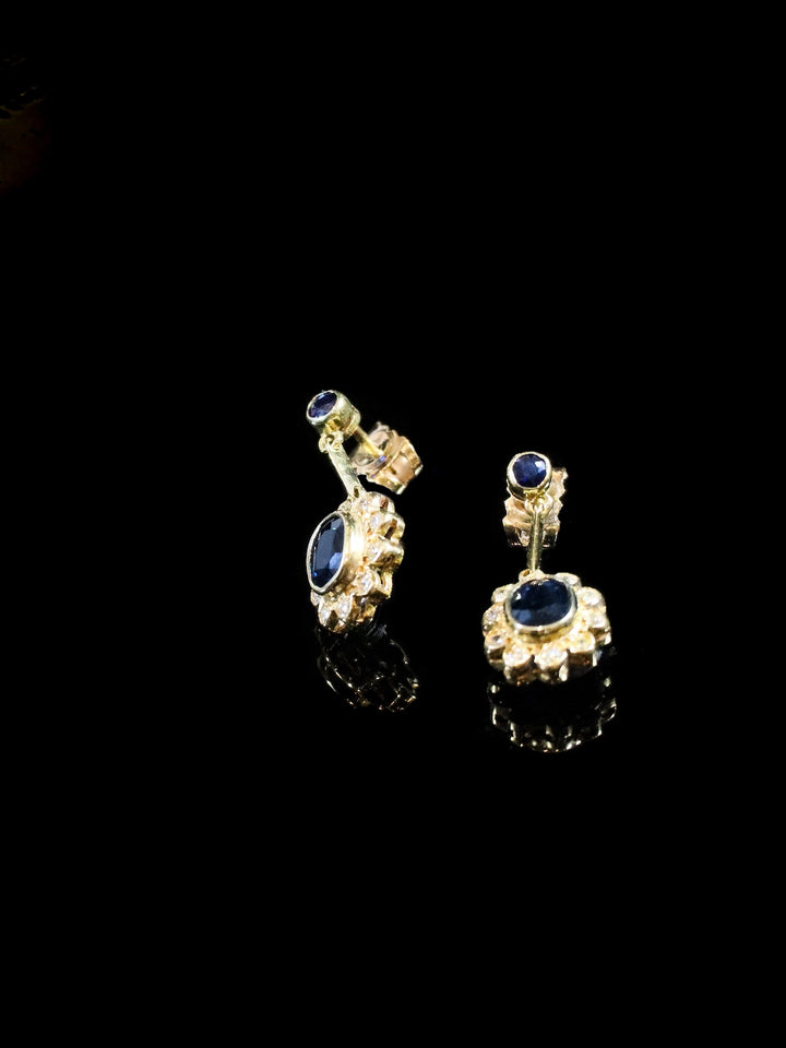 18ct Yellow Gold Sapphire and Diamond Cluster Drop Earrings