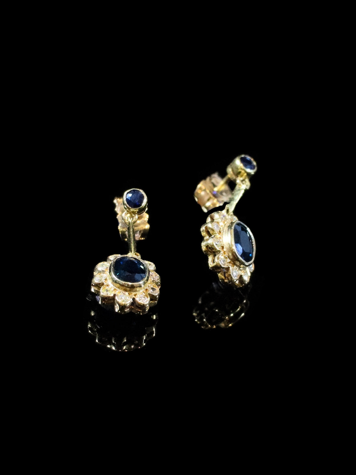 18ct Yellow Gold Sapphire and Diamond Cluster Drop Earrings