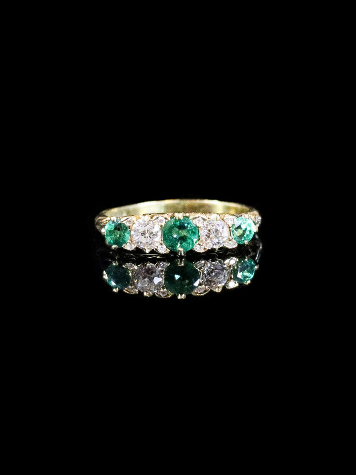 Antique Victorian 18ct Gold Five Stone Emerald and Old Cut Diamond Ring, Circa 1880
